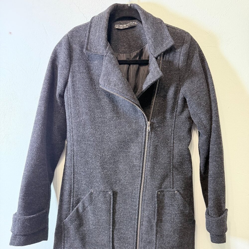 Cotton On Charcoal Hip-Length Coat Size 2 Asymmetric Zipper detail
